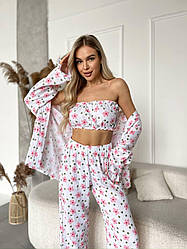 Комплект домашній Піжама МУСЛІНОВА 3в1 ТОП+ШТАНЦІ+ЖАКЕТ Рожеві Квіти 1652