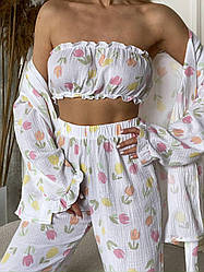 Комплект домашній Піжама МУСЛІНОВА 3в1 ТОП+ШТАНЦІ+ЖАКЕТ Тюльпани 1652