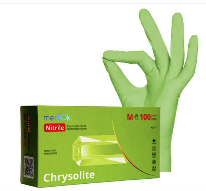Рукавички нітрилові XS, Chrysolite колір світло зелений 100шт\уп. Mediok, фото 1