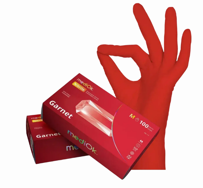 Рукавички нітрилові XS, Garnet колір Червоний 100шт\уп. Mediok, фото 1