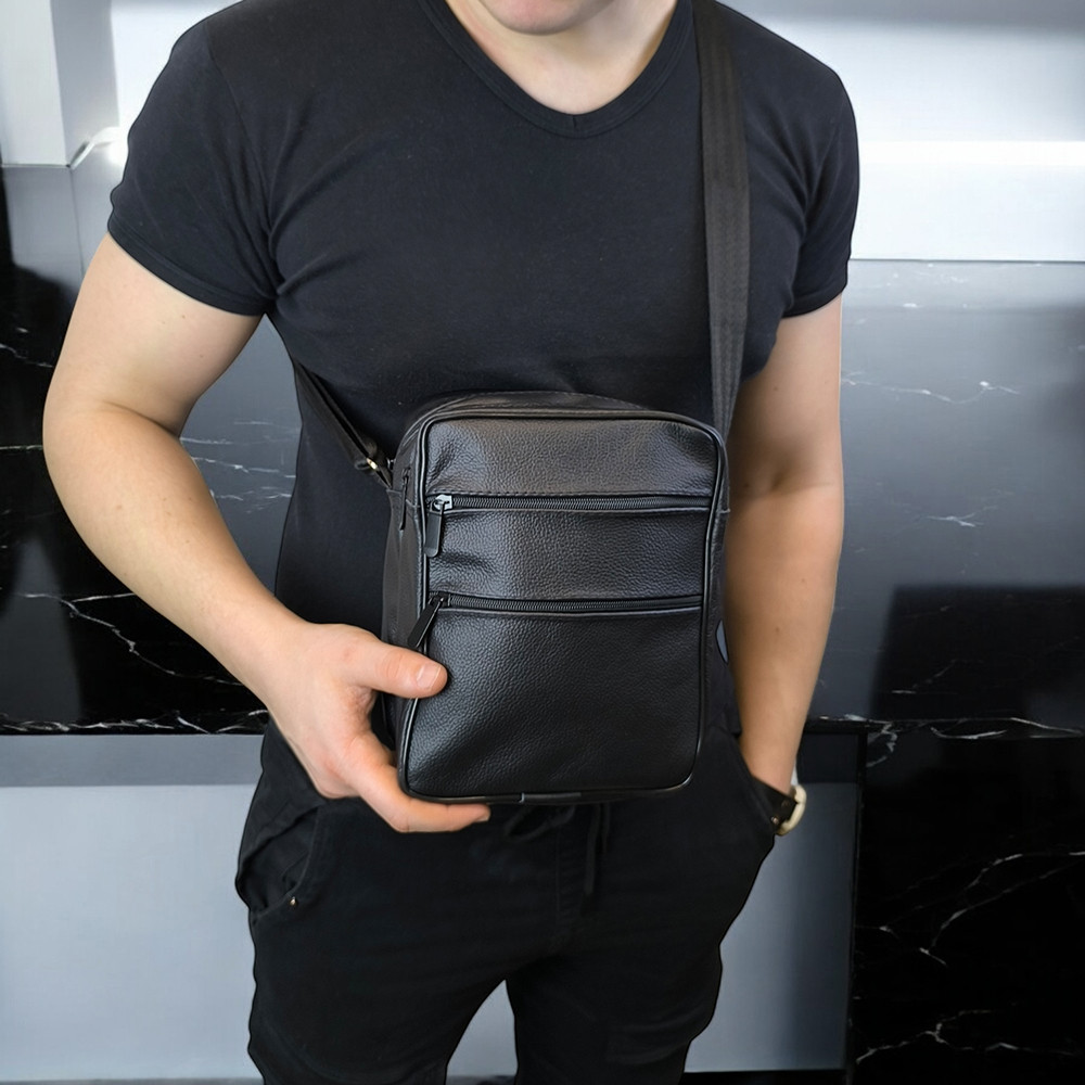 Сумка через плече чоловіча натуральна шкіра чорна стильний мессенджер для повсякденного використання, фото 1