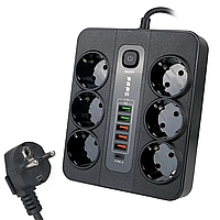 Мережевий фільтр BKL-11EU на 6 розеток + 3 USB + 2 USB IQ + Type C 3000 Вт кабель на 2 м Black