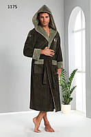 Мужской велюровый халат бамбуковый с капюшоном на поясе Nusa ns 1175 хаки длиный Зеленый 2XL