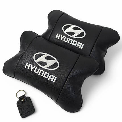 Набір подушок для авто Hyundai 2шт, натуральна шкіра, чорний колір, комфортні підголовники в автомобіль, фото 1