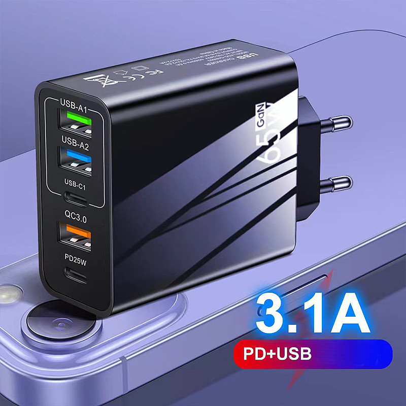 Зарядний пристрій для телефонів 5V3.1A PD+3USB, 65 W. Чорний