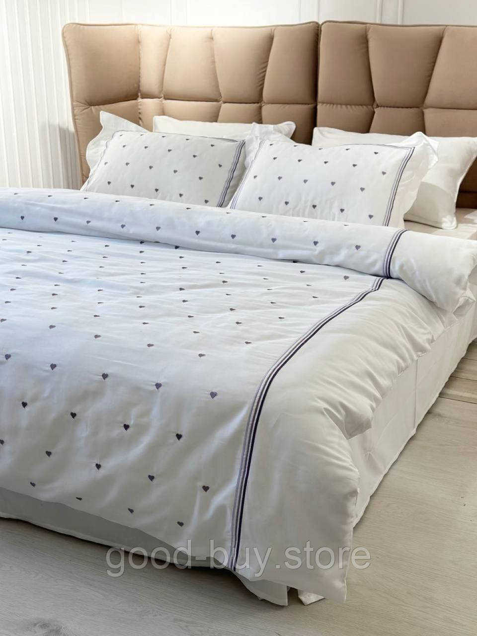 Постільна білизна Maison D&#039;or Lamour lilac євро 200х220 сатин з вишивкою сердечок