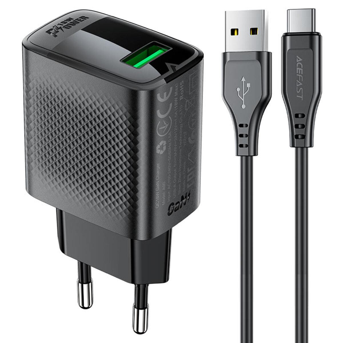 Мережевий зарядний пристрій ACEFAST A90 QC18W GaN single USB-A charger set (P3) (EU) Black