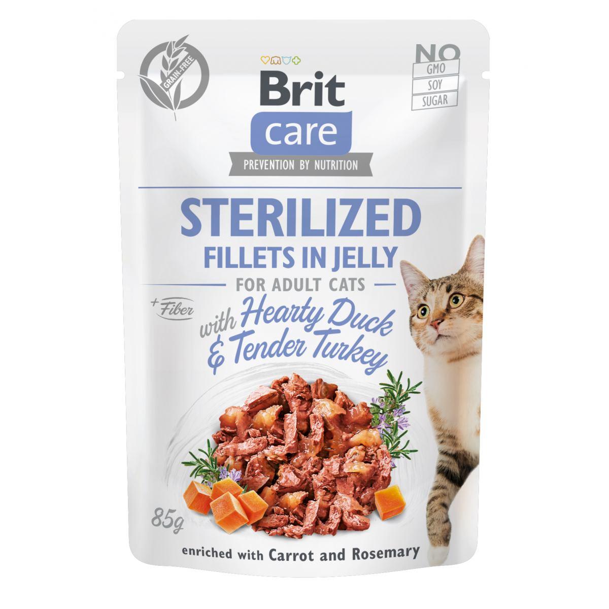 Вологий корм Brit Care Adult Sterilised Hearty Duck & Tender Turkey для кастрованих котів, качка і індичка в желе, 85 г