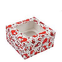 Коробка 170х170х90 (на 4 капкейка) з вікном "Червоні серця"
