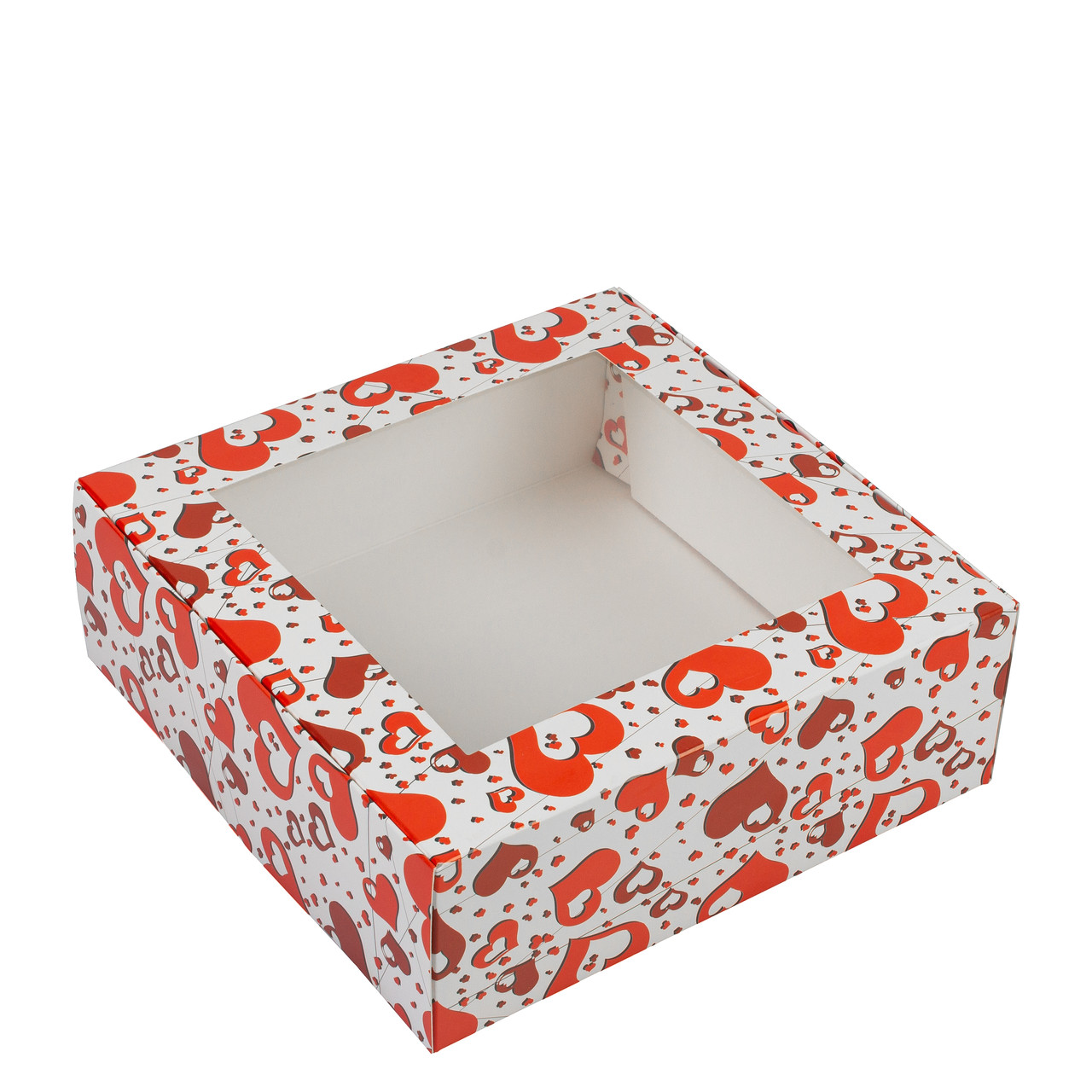 Коробка 200х200х70 для десертів з вікном "Червоні серця", фото 1