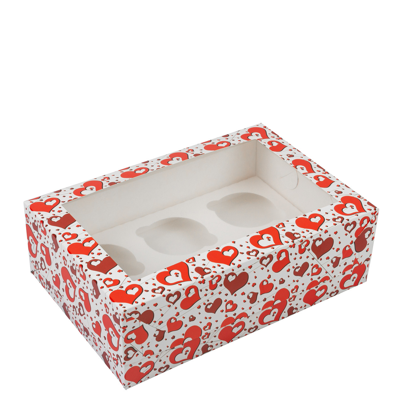 Коробка 250х170х80 (на 6 капкейків) з вікном "Червоні серця", фото 1