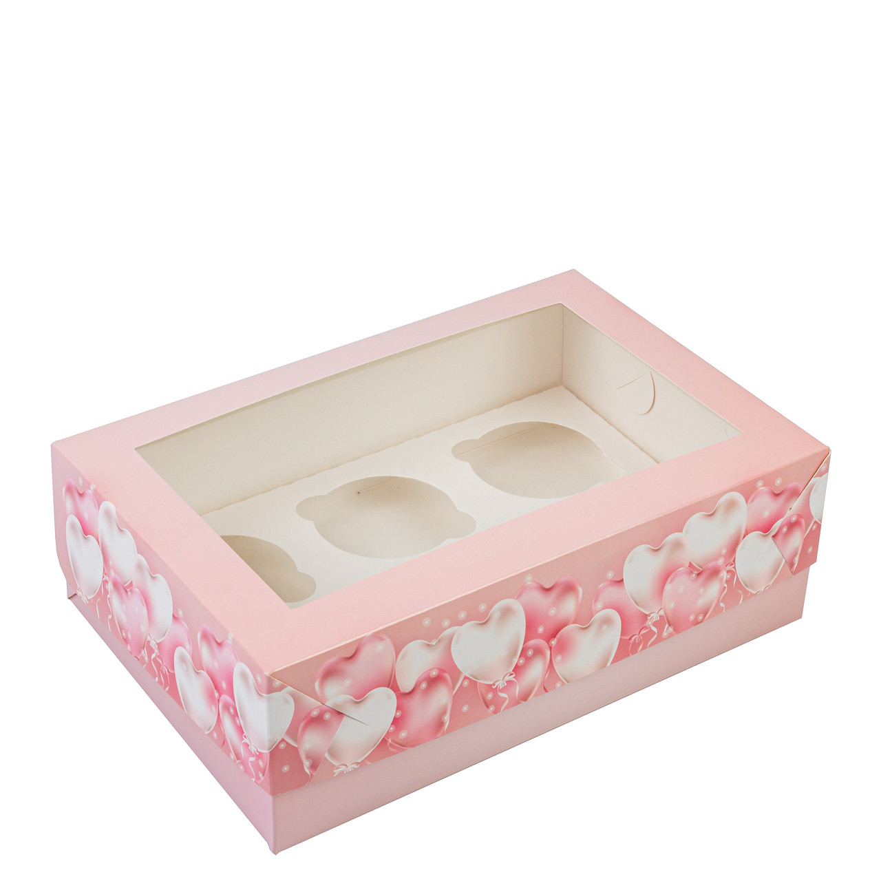 Коробка 250х170х80 (на 6 капкейків) з вікном "Рожеві серця", фото 1