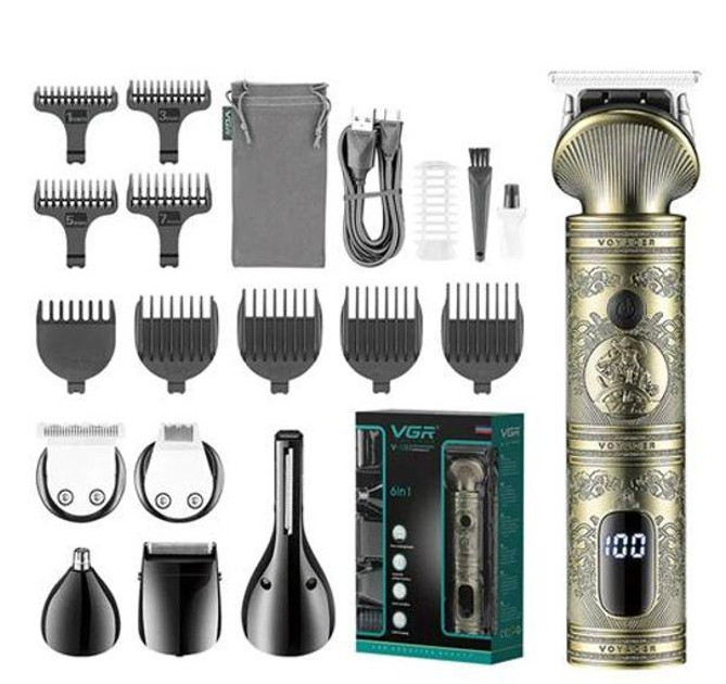 Мужський набір VGR V-106 6 в 1 для догляду за волосами, бородою, триммер для носа, тіла, професійний, 14 насадок, LED дисплей, фото 1