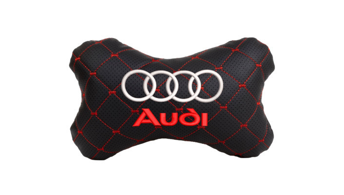 Подушка на підголовник автомобіля EVAtech ECO 27х16 см Audi чорна з червоною ниткою SPCRBRV003