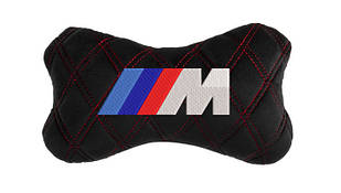 Подушка на підголовник автомобіля EVAtech з алькантари 27х16 см BMW M чорна з червоною ниткою, великий ромб SPALHRBRV006