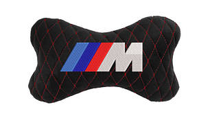 Подушка на підголовник автомобіля EVAtech з алькантари 27х16 см BMW M чорна з червоною ниткою, малий ромб SPALMRBRV006