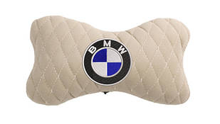 Подушка на підголовник автомобіля EVAtech з алькантари 27х16 см BMW бежева з бежевою ниткою, малий ромб SPALMRIIV005