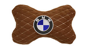 Подушка на підголовник автомобіля EVAtech з алькантари 27х16 см BMW коричнева з коричневою ниткою, малий ромб SPALMRZZV005