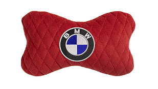 Подушка на підголовник автомобіля EVAtech з алькантари 27х16 см BMW червона з червоною ниткою, малий ромб SPALMRRRV005