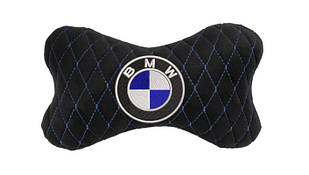 Подушка на підголовник автомобіля EVAtech з алькантари 27х16 см BMW чорна з синьою ниткою, малий ромб SPALMRBLV005