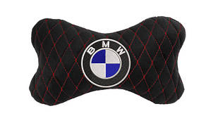 Подушка на підголовник автомобіля EVAtech з алькантари 27х16 см BMW чорна з червоною ниткою, малий ромб SPALMRBRV005