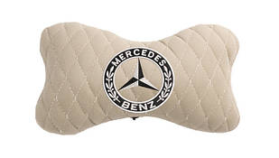 Подушка на підголовник автомобіля EVAtech з алькантари 27х16 см Mercedes-Benz бежева з бежевою ниткою, малий ромб SPALMRIIV016