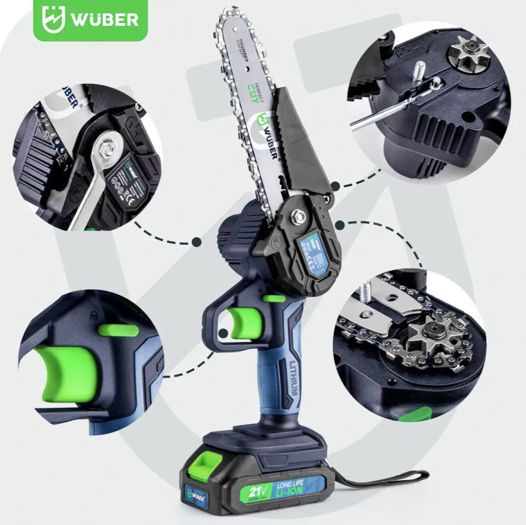 Акумуляторна ланцюгова міні-пила Wuber W37000 (2 x акумулятор 21V 2.0Ah) Довжина шини 10см