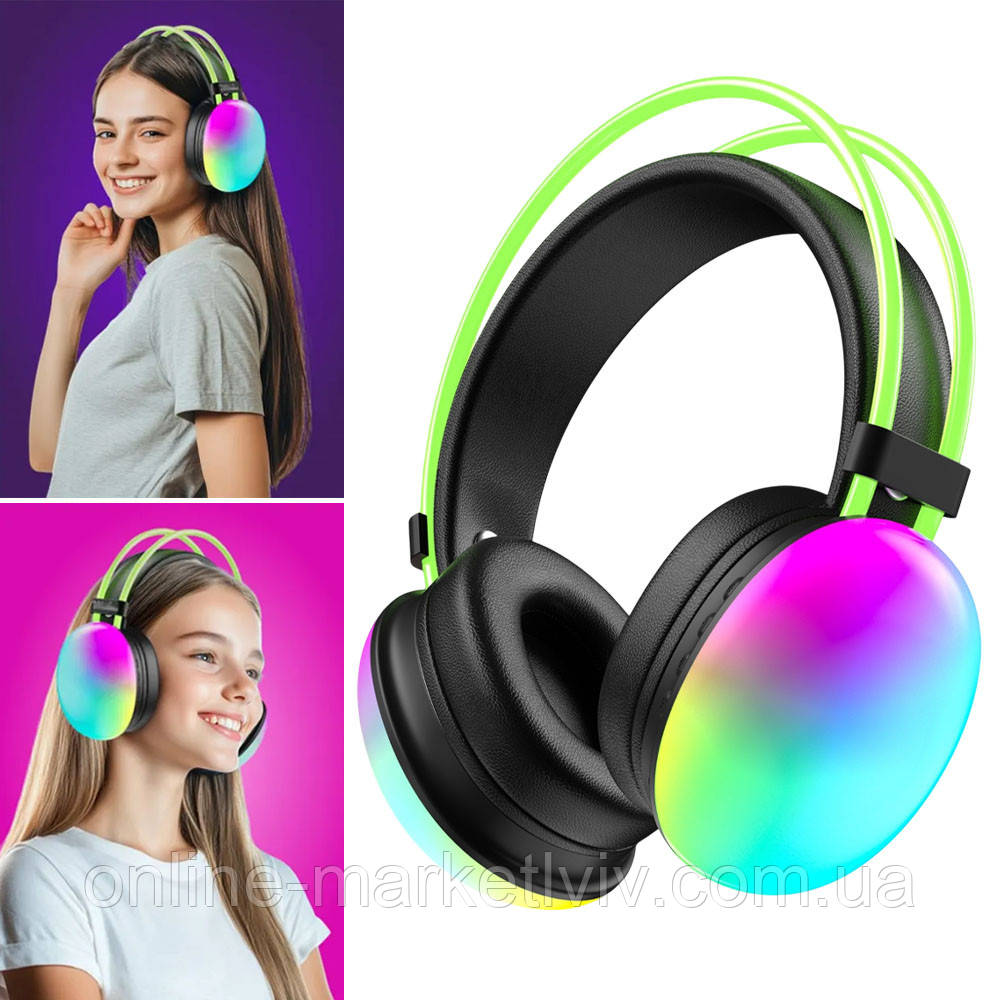 Bluetooth навушники бездротові з RGB підсвічуванням, PD1, Чорні / Блютуз навушники накладні / Ігрові навушники