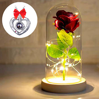 Троянда в колбі з підсвіткою 21см + Подарунок Кулон з ланцюжком / Вічна троянда квітка в колбі