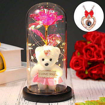 Троянда в колбі з ведмедиком 21см + Подарунок Кулон I Love you / Нічник вічна троянда під куполом