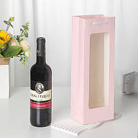 Пакет подарунковий під пляшку рожевий із віконцем 12х36 см
