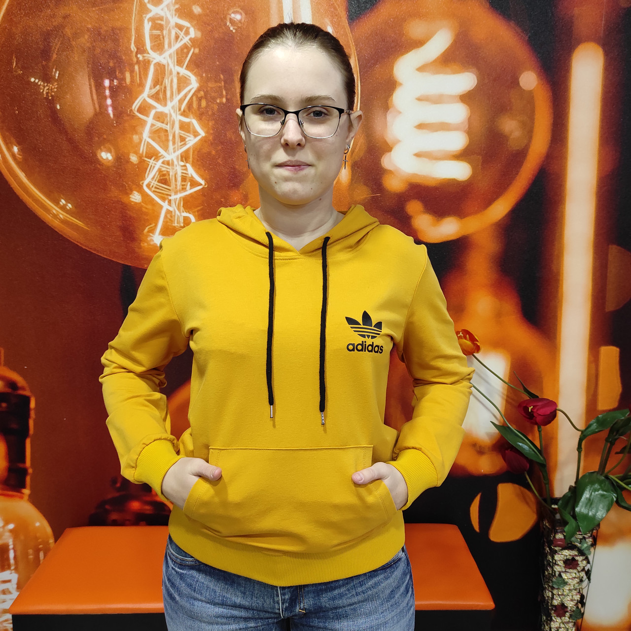 Толстовка жіноча капюшон худі двонитка кишеня оверсайз помаранчева, фото 1