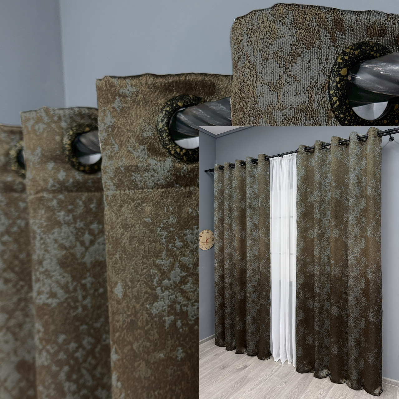 Комплект (2шт. 1,5х2,7м.) штор на люверсах, льон «Мармур Al-9». Колір коричневий з сірим. Код 1639ш 37-0175, фото 1
