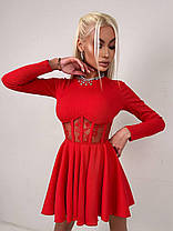 Трикотажна жіноча міні сукня з корсетною вставкою з мережива та пишною спідницею Smb9297, фото 5