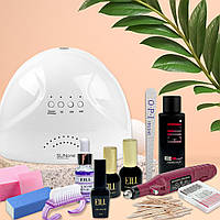 Стартовий набір для манікюру та педикюру лампа для нігтів Sun One 48W Фрезa ручка база топ і гель-лак milano