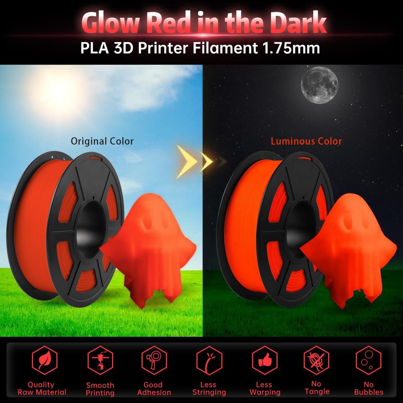 Пластик филамент SUNLU PLA Glow In the Dark Red, 1.75mm, 1kg, Червоний