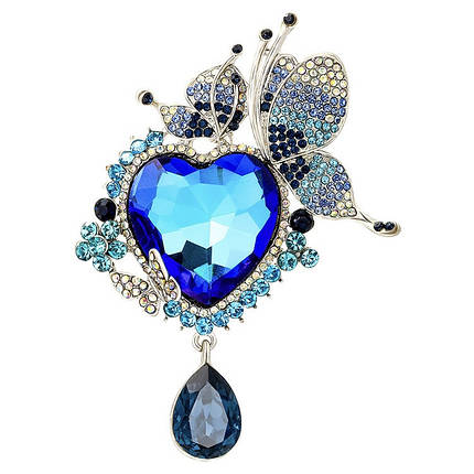 Брошка на сріблястій основі метелика з переливним серцем і висувкою розмір 80х60 мм, фото 3