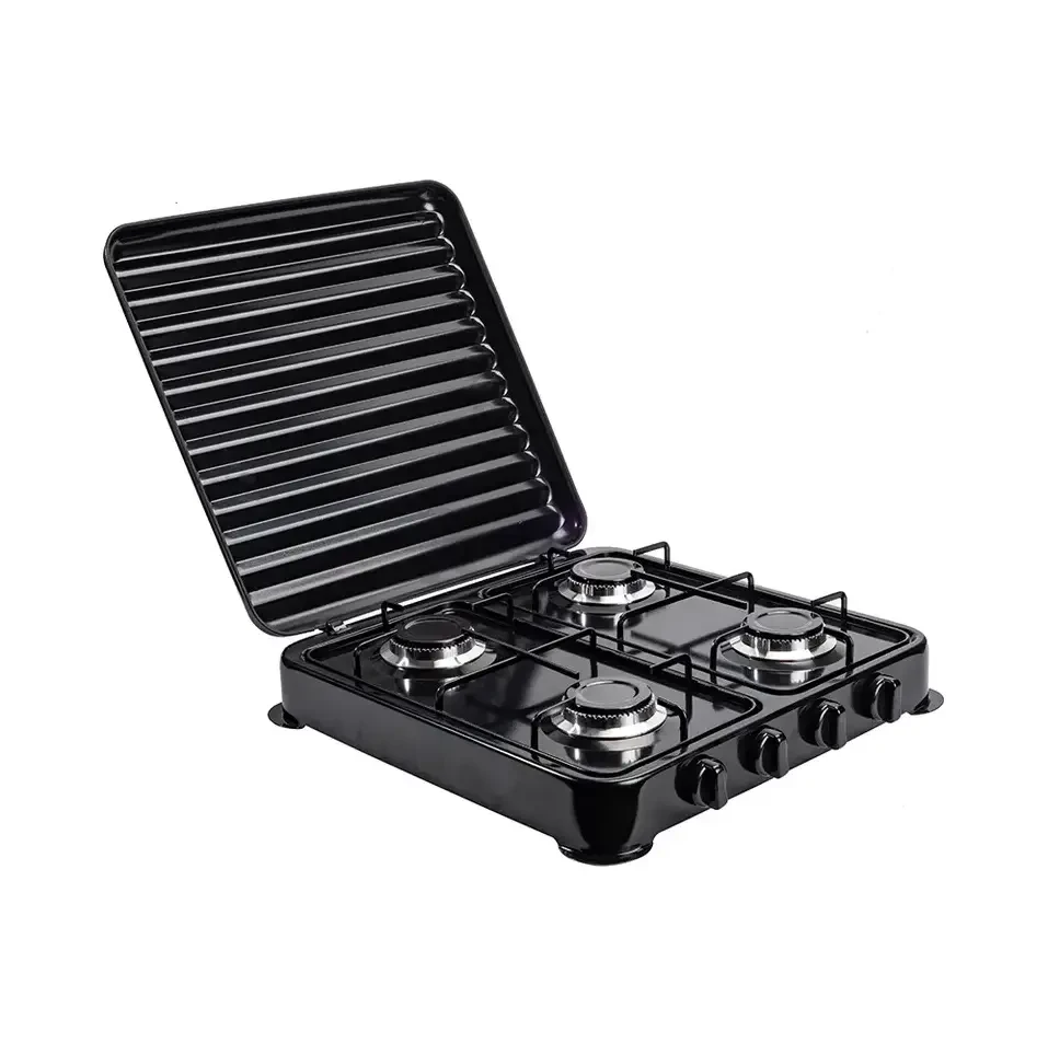 Побутова газова плита на 4 конфорки з кришкою Rainberg RB-2227 Чорний, Настільна плита для газу, фото 1