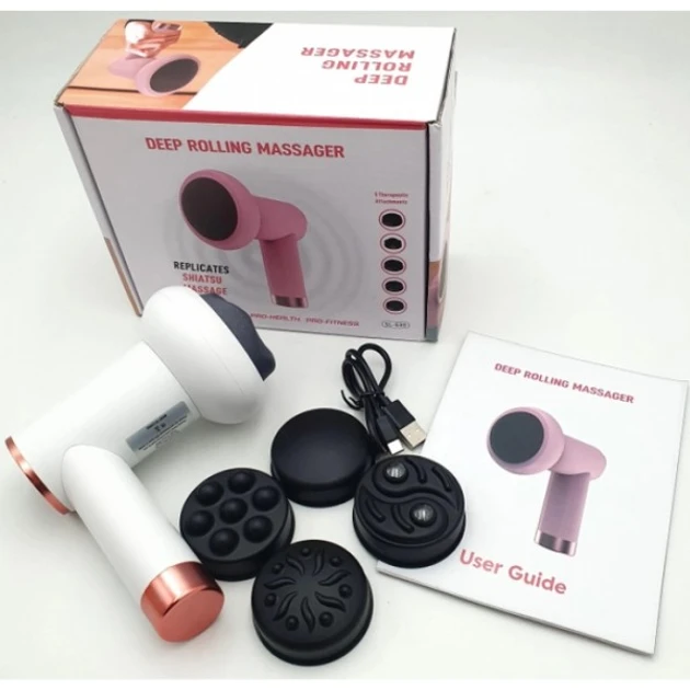 Масажер антицелюлітний акумуляторний для тіла рук та ніг 4 насадки 6 швидкостей Deep Rolling Massager Білий