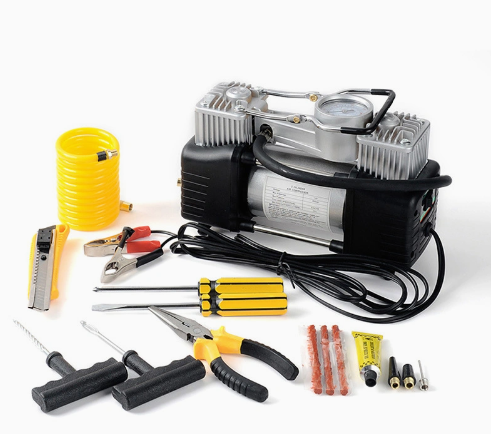 Компресор повітряний 12 V, 90 л/хв портативний із комплектом для ремонту шин та інструментами