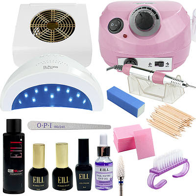 Стартовий набір для нарощування нігтів з лампою Sun One 48Вт фрезером zs 601 65Вт витяжка 45Вт гель лак milano