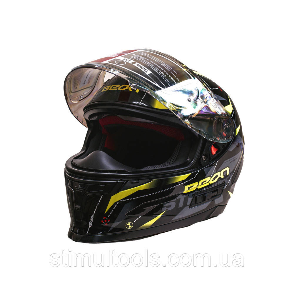 Мотошолом інтеграл Beon TECH SHINY BLACK/YELLOW (глянець чорний/жовтий) розмір L, фото 1