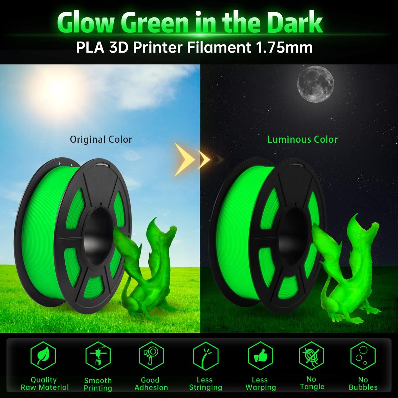 Пластик филамент SUNLU PLA Glow In the Dark GREEN, 1.75mm, 1kg, Зелений