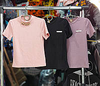 Трикотажная нежная розовая футболка 7-8лет пудра на девочку, детские однотонные нарядные футболки для школы