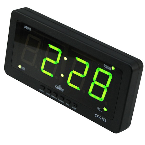 Годинник електронний Caixing CX 2159 12В 220В Настільні Настінні Будильник Чорний корпус Зелені цифри, фото 1