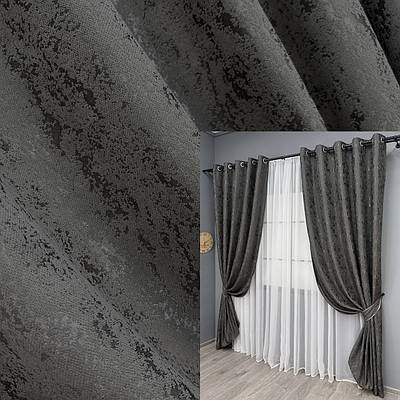 Комплект (2шт. 1,5х2,5м.) штор на люверсах, льон мармур, "Pavliani". Колір графітовий. Код 1667ш 37-0170