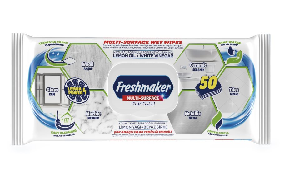 Вологі універсальні серветки рушники для прибирання Freshmaker з ароматом лимона 50 штук