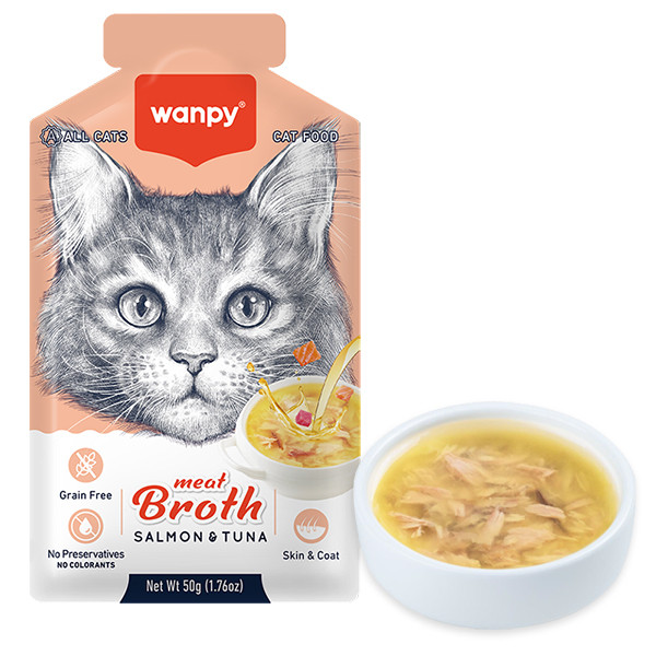 Суп із лососем і тунцем для котів Wanpy Meat Broths Salmon&Tuna Ванпі беззерновий рідкий корм пауч 50г (RAC-63), фото 1