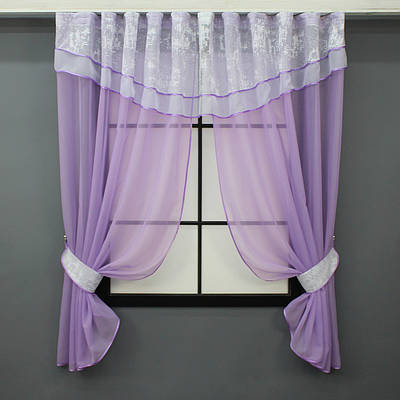 Кухонний комплект, (280х170см.) шторки з ламбрекеном і підхватами. Колір бузковий з білим. Код 084к 52-1161