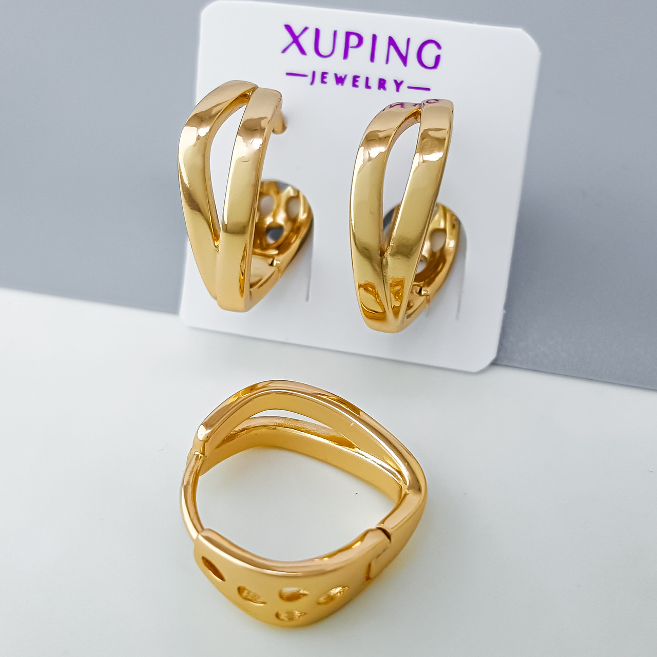Сережки "Дві Доріжки" без каміння, медзолото Xuping позолота 18К